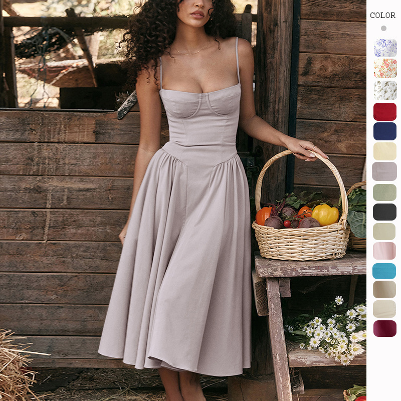 Summer Amazon dress: New French retro long dress, court style, dopamine outfit, halter dress for women full figure