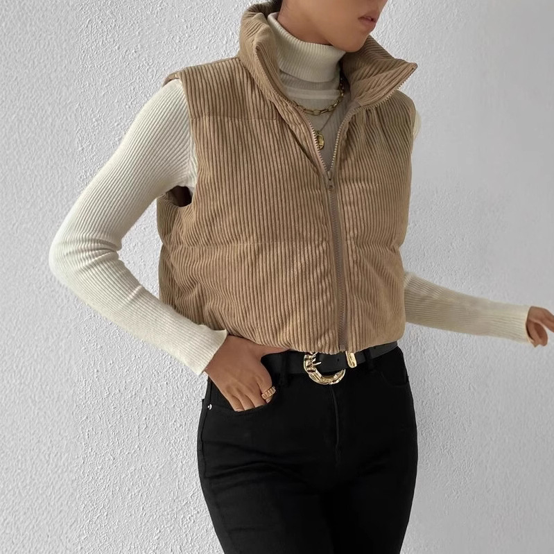 European and American autumn and winter zipper vest women's corduroy short outerwear autumn and winter new autumn and winter new retro vest women's thickened cotton-padded jacket Specification image