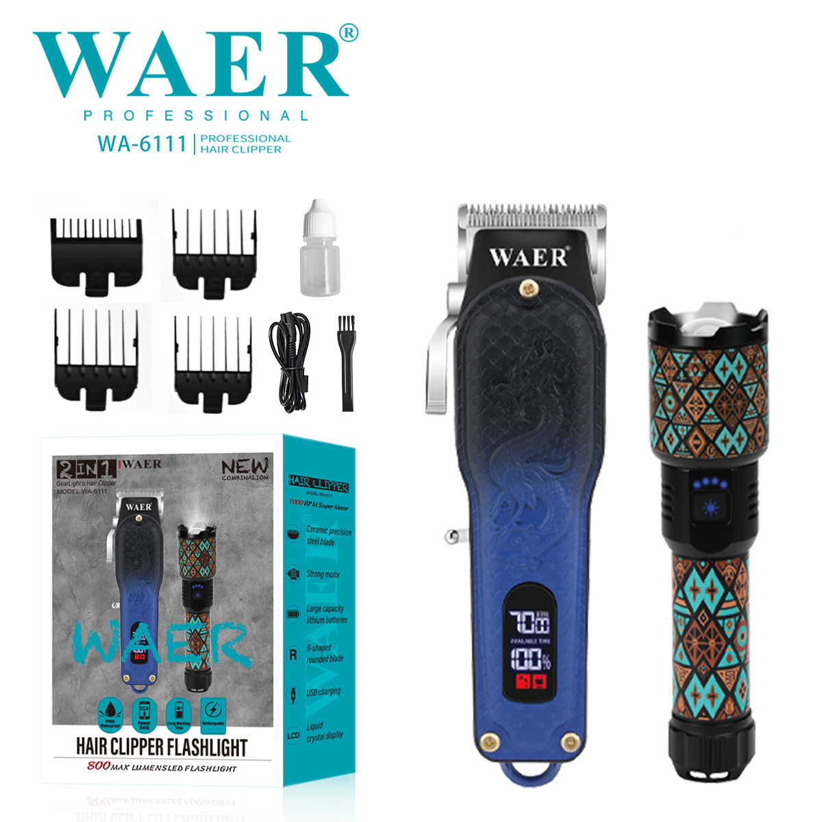 WAER Cross-border New hair clipper set, professional hair styling, electric hair clipper, electric clipper, rechargeable electric clipper