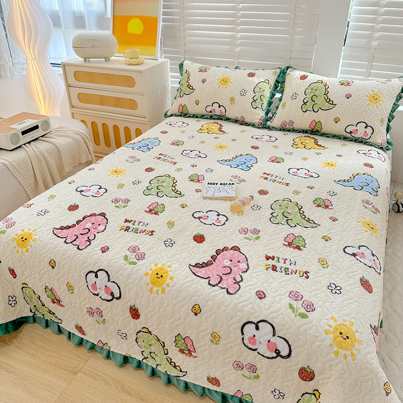 新款牛奶绒夹棉花边床盖单件冬季珊瑚绒防滑绗缝榻榻米床单三件套