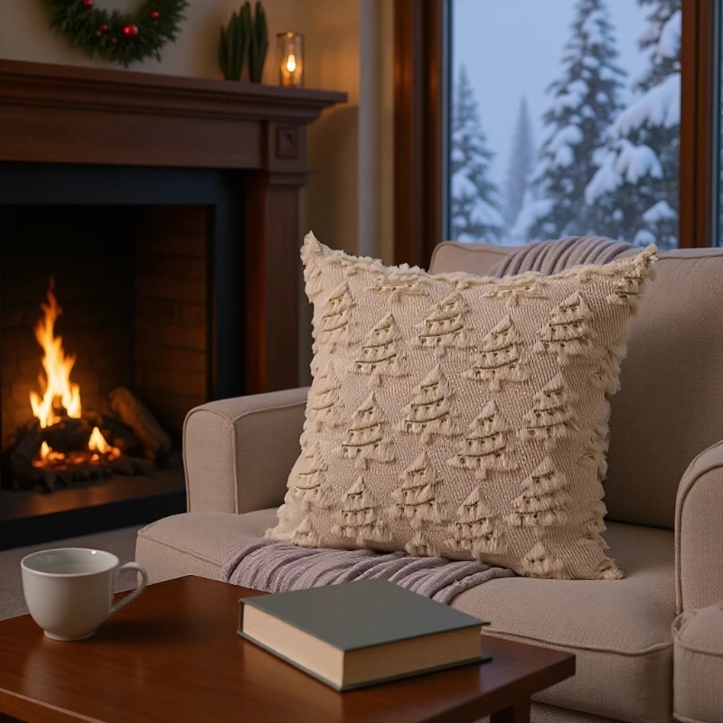 Khaki Christmas tree embroidery throw pillows, plush quilted holiday sofa cushions, home decoration throw pillows details Picture