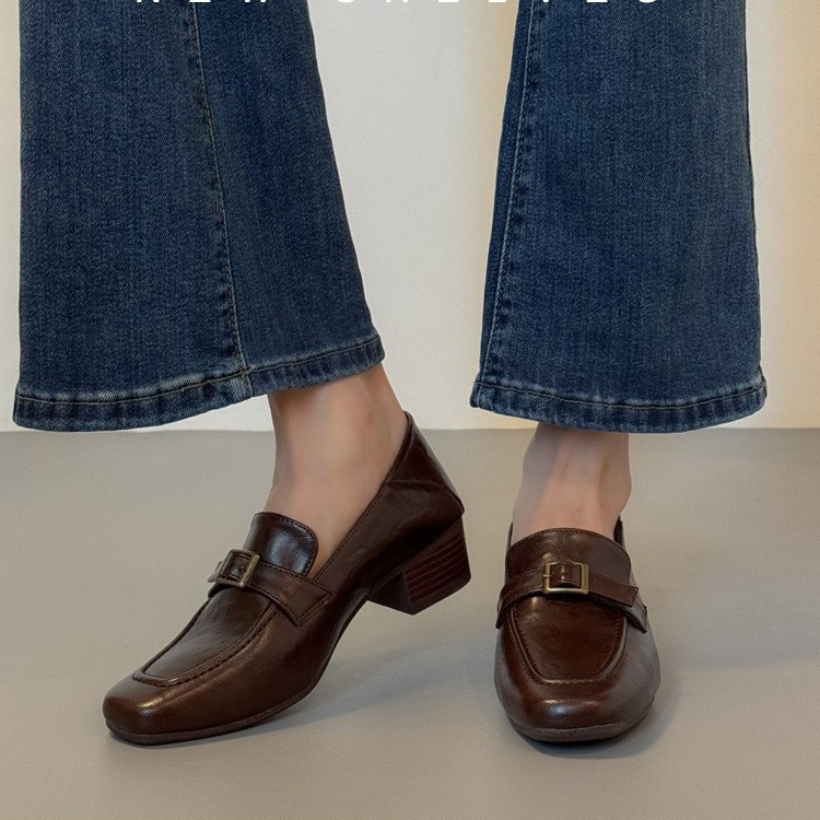 牛皮方头乐福鞋女2026春秋新款通勤粗跟法式单鞋百搭英伦风小皮鞋