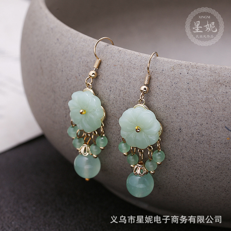 新款女民族风流苏耳环时尚潮流玉石耳坠长款气质手工耳环直播批发产品图