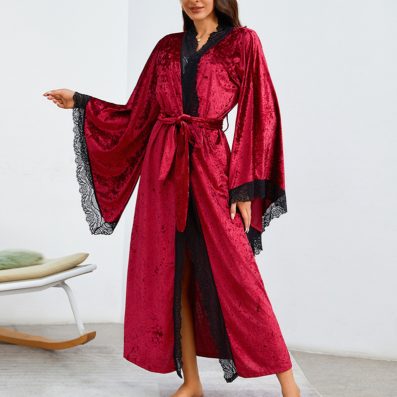 Cross-border long velvet lace patchwork bathrobe for autumn and winter, sexy flared sleeves with lace-up, large-sized home wear 623 details Picture