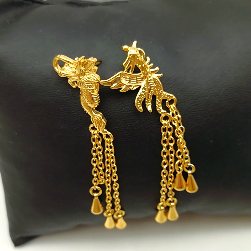 铜镀金越南沙金耳环女 中国复古龙凤耳环耳钉 长款流苏耳饰