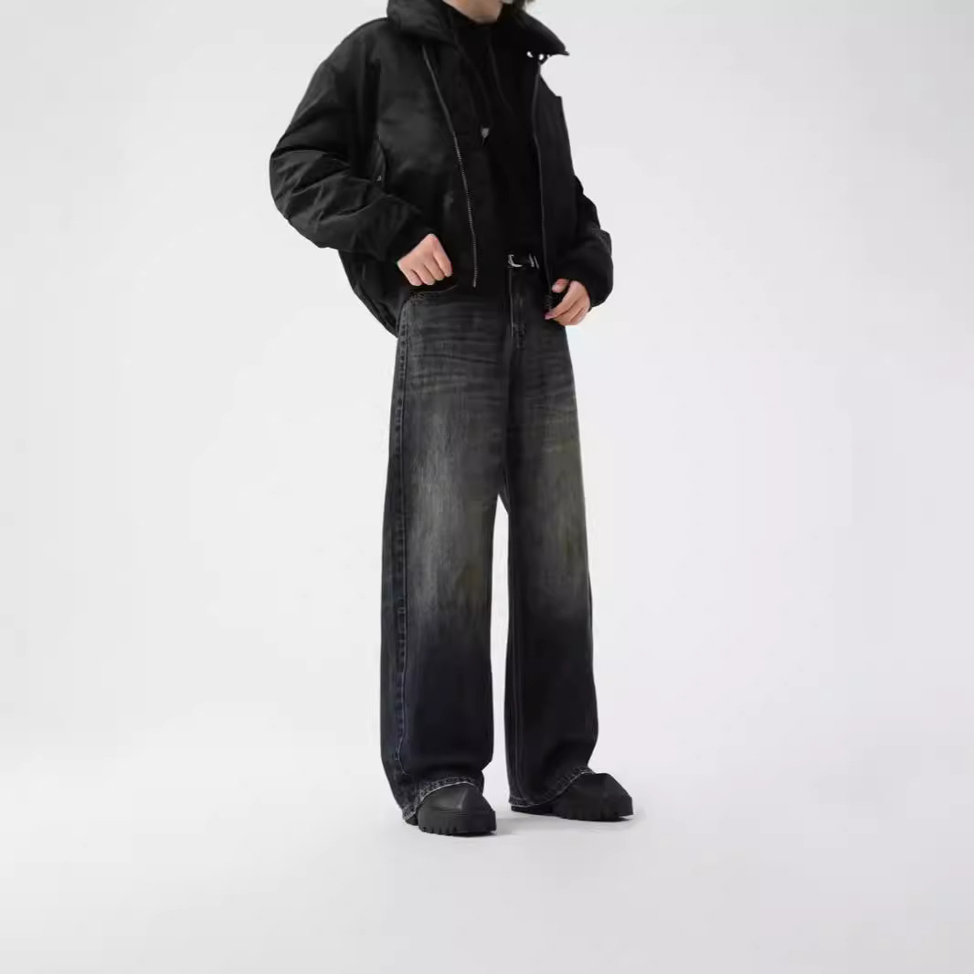 American retro spring distressed embroidered loose wide-leg jeans for both men and women, cleanfit drape long pants Specification image