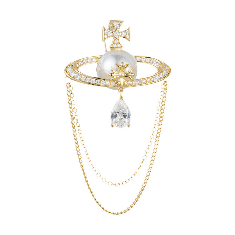 Western Queen Saturn tassel brooch, French Star pearl pin, niche and high-end style, brooch, commemorative gift decoration Item Picture