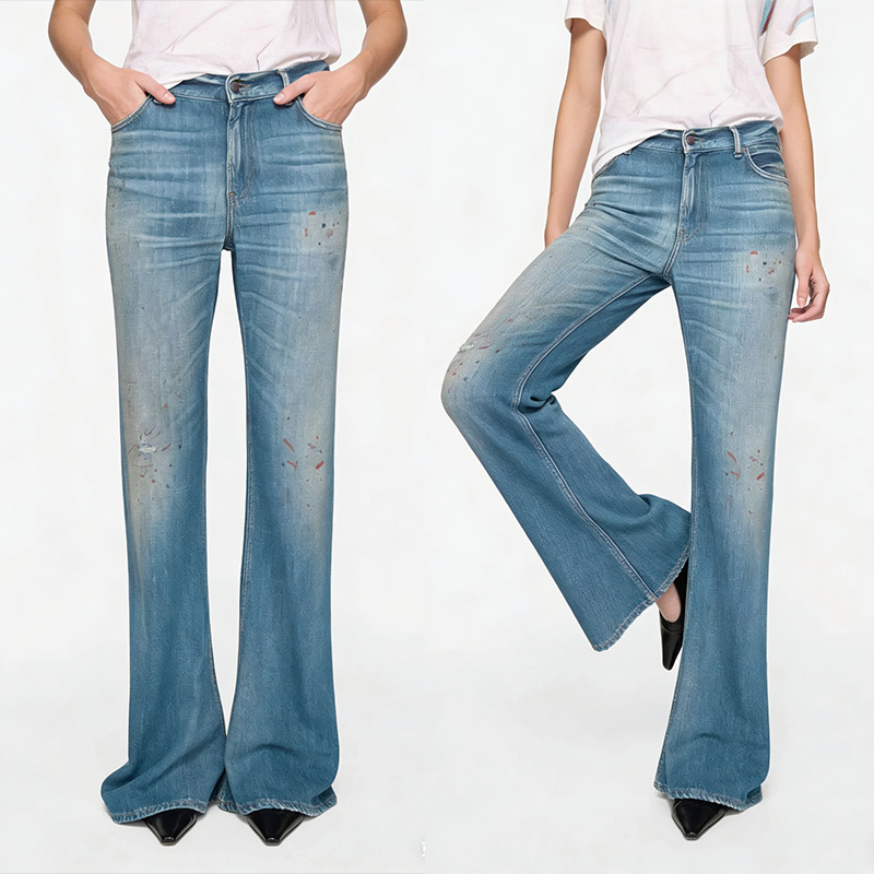AC high-waisted jeans, women's ink-wash graffiti dirty pants, blue flared long pants, European and American style, versatile and casual 2026 style Application Scenario