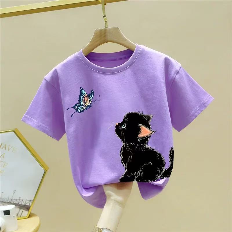 Cat children's short-sleeved T-shirt for summer 2025 new style, a nice top for girls, a half-sleeved pure cotton summer dress for boys Application Scenario