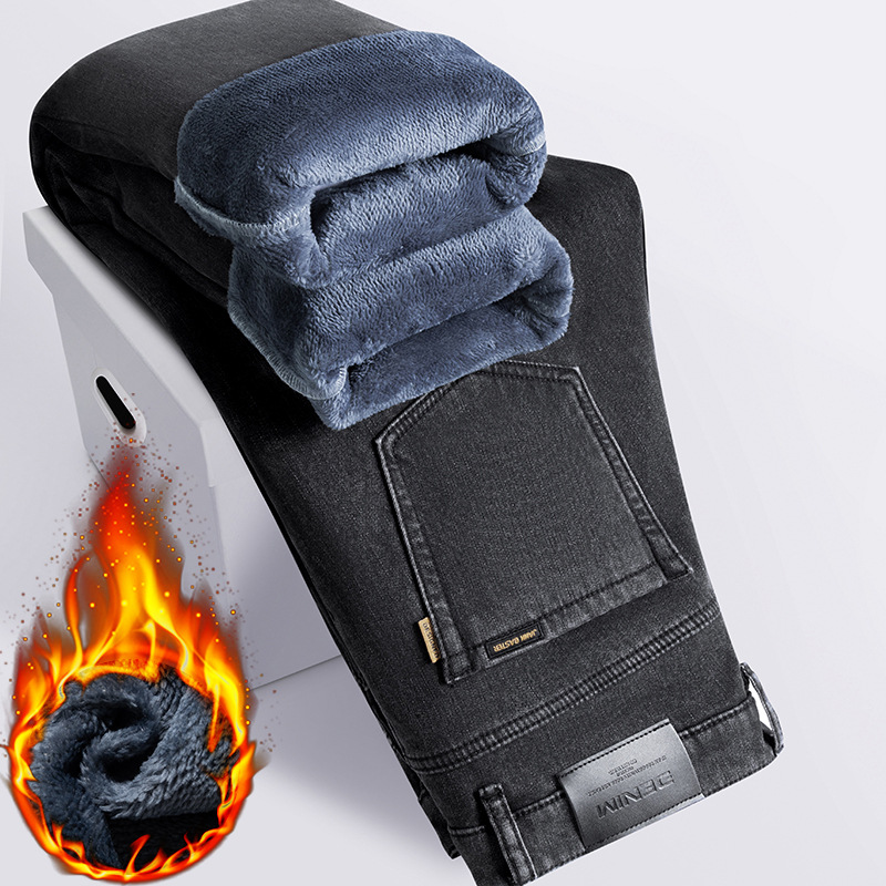 Fengshe Men's Wear /2025 Winter New Style fleece and thickened loose straight-leg business jeans Men's trousers details Picture