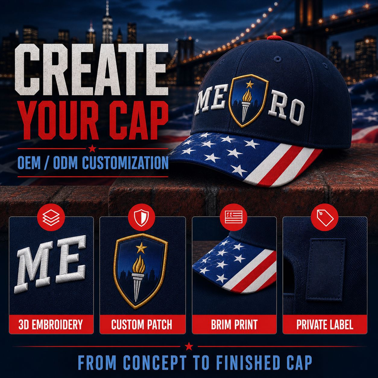 Bandera americana bordado gorra de béisbol 3D letras estereoscópicas escudo logotipo pato tongue sombrero transfronterizo hombre y mujer al aire libre sombra calle marea