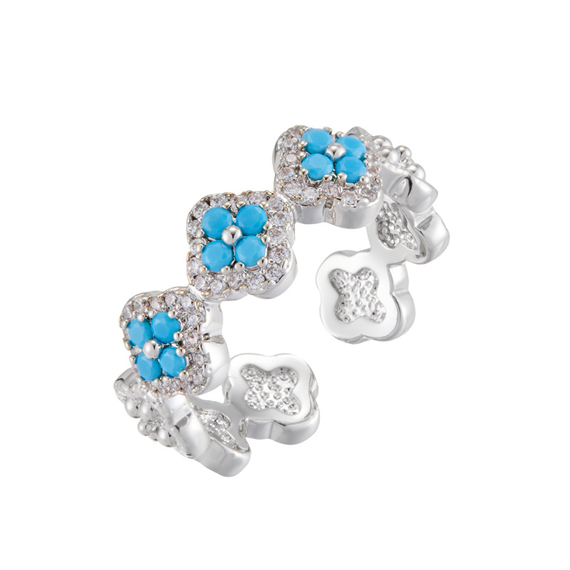 Nicho ligero de lujo azul turquesa trébol anillo de apertura aleación de cobre micro inserto de circonio ajustable anillo de dedo índice anillo anillo Item Picture