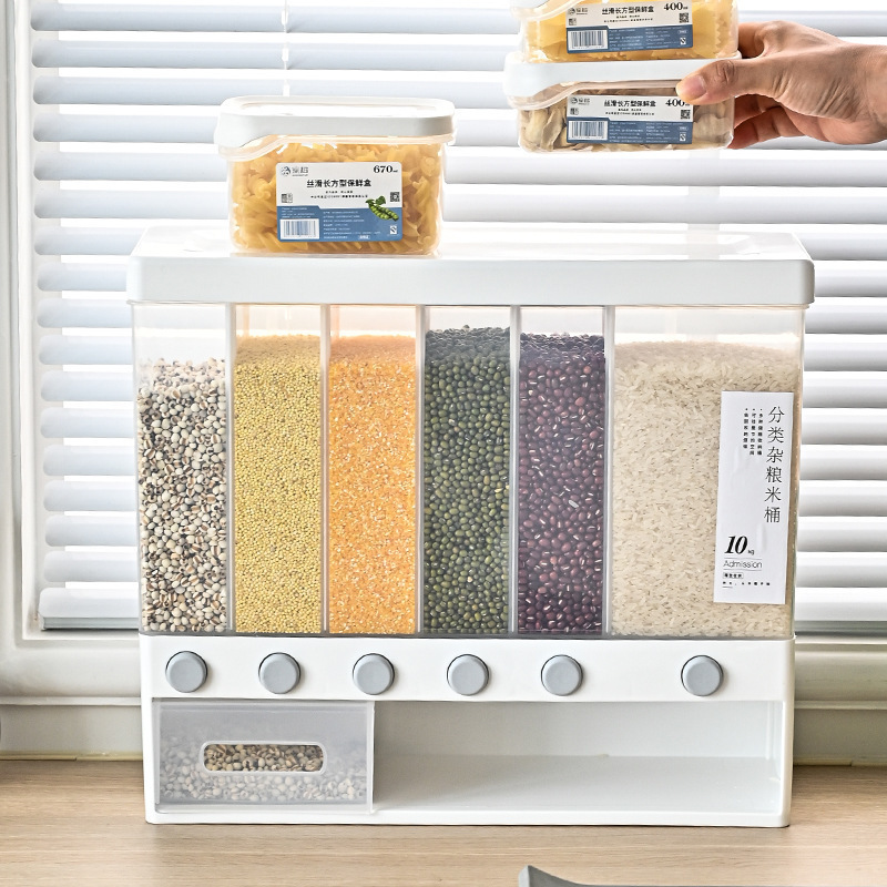 6-compartment household rice bucket, one-button press-type classified storage tank for grains and cereals, insect-proof and moisture-proof sealed food Application Scenario
