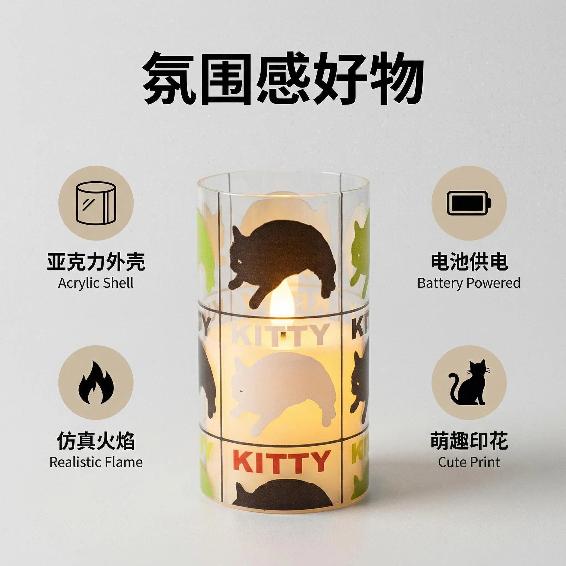 Uv-printed new three-color cat replaceable pattern luminous decorative candle 7.5 electronic candle factory direct sales details Picture
