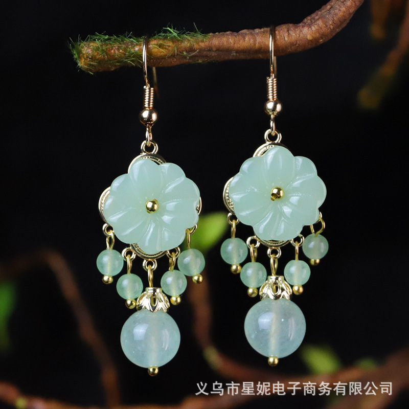 新款女民族风流苏耳环时尚潮流玉石耳坠长款气质手工耳环直播批发