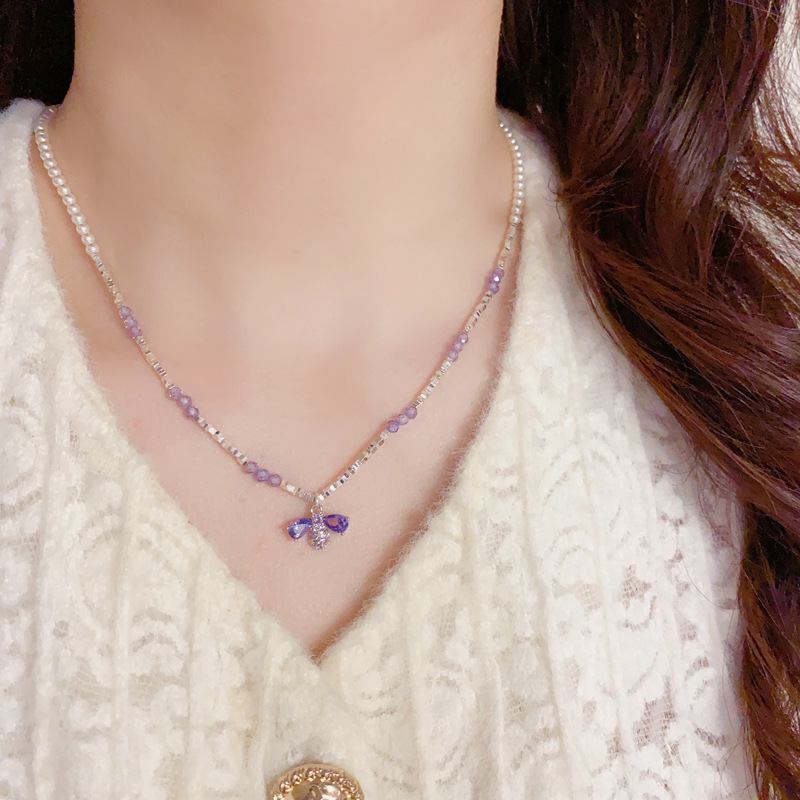 夏季新款温柔百搭紫色串珠蜜蜂吊坠项链气质简约小清新锁骨链批发