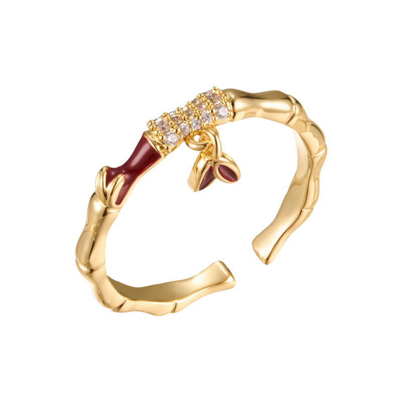 Light luxury Chinese-style bamboo joint open ring, copper alloy micro-inlaid zircon enamel oil drip pendant design, adjustable ring Item Picture