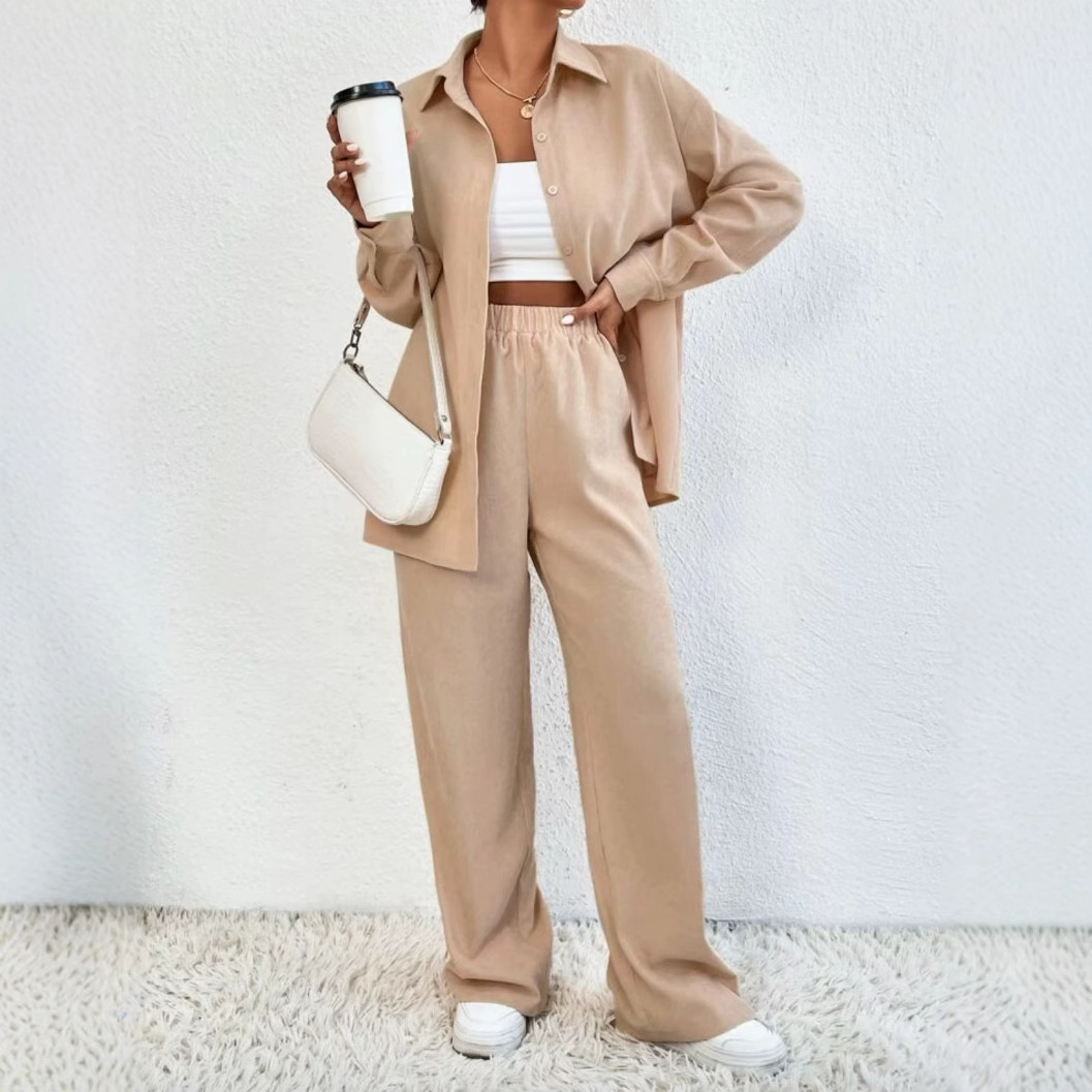 European and American women's clothing 2023 Autumn new collection: Solid color long-sleeved shirt coat, wide-leg long pants, casual two-piece set details Picture