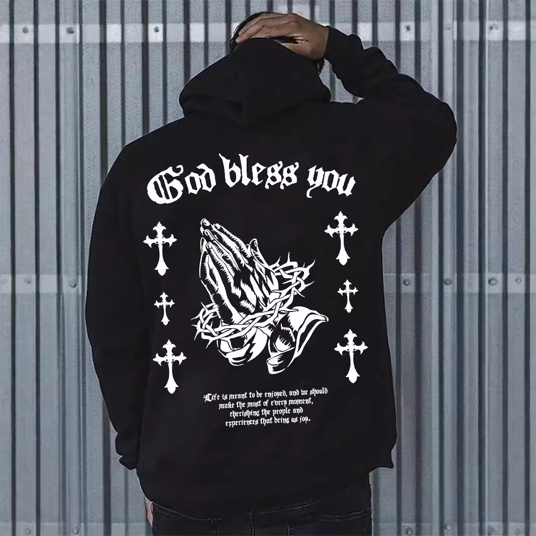Men's casual letter palm double-sided printed hooded sweatshirt full figure