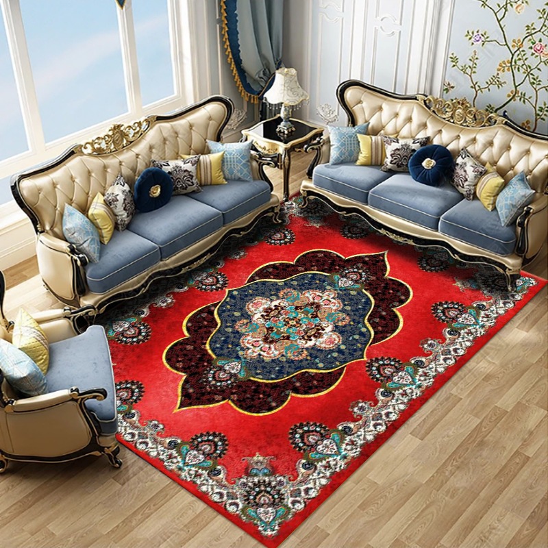 The living room, bedroom and bed are covered with large areas of Bohemian retro ethnic style carpets. The coffee table, sofa and floor MATS are all covered with carpets Application Scenario