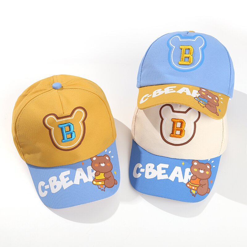 新款卡通拼色男孩棒球帽可爱字母小熊男女童鸭舌帽遮阳出游宝宝帽