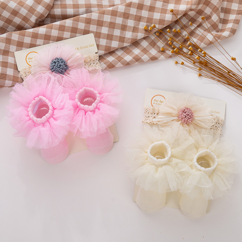 韩版新款雪纺蕾丝婴儿发带袜子套装宝宝满月周岁百天礼品头带地板