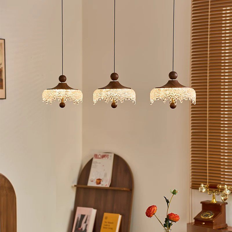 法式中古风水滴轻奢复古胡桃木色防水晶高级感卧室餐厅水晶吊灯