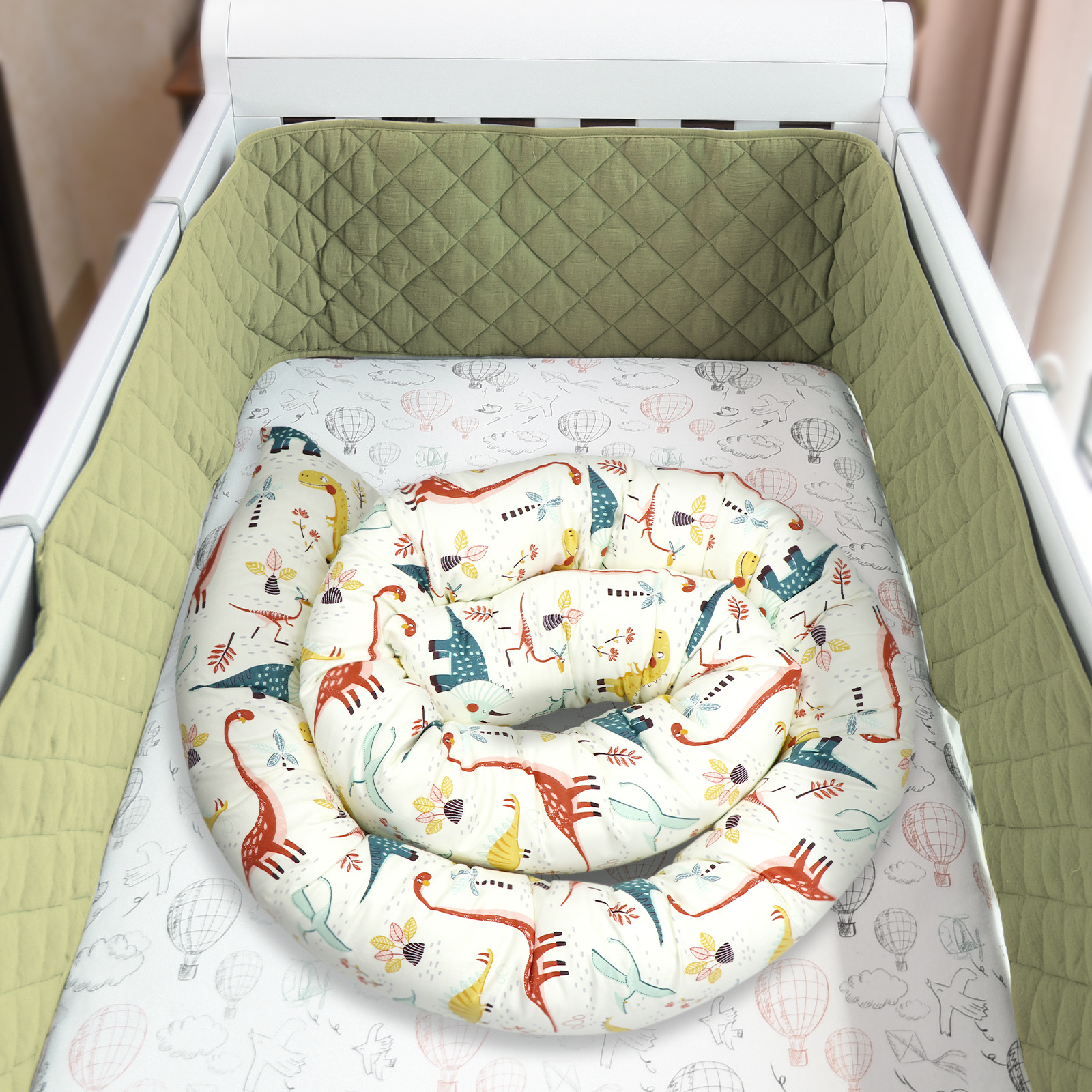 恐龙拼色圆柱形四季可用儿童床围可拆卸清洗防碰撞宝宝床卡通图案