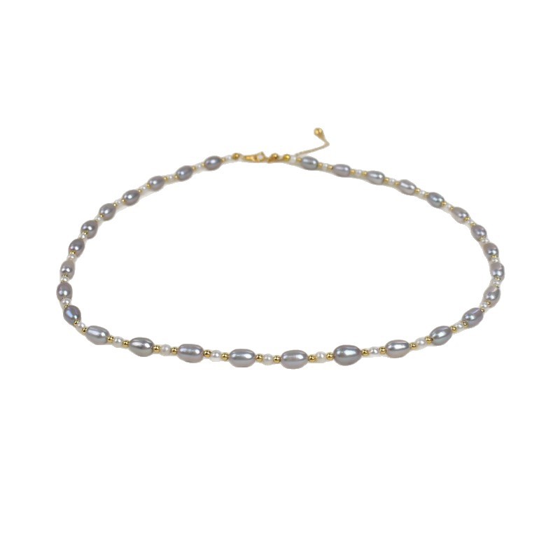 45cm natural freshwater pearl grey rice bead necklace for women, light luxury, simple and versatile collarbone chain S925 silver neck chain Item Picture