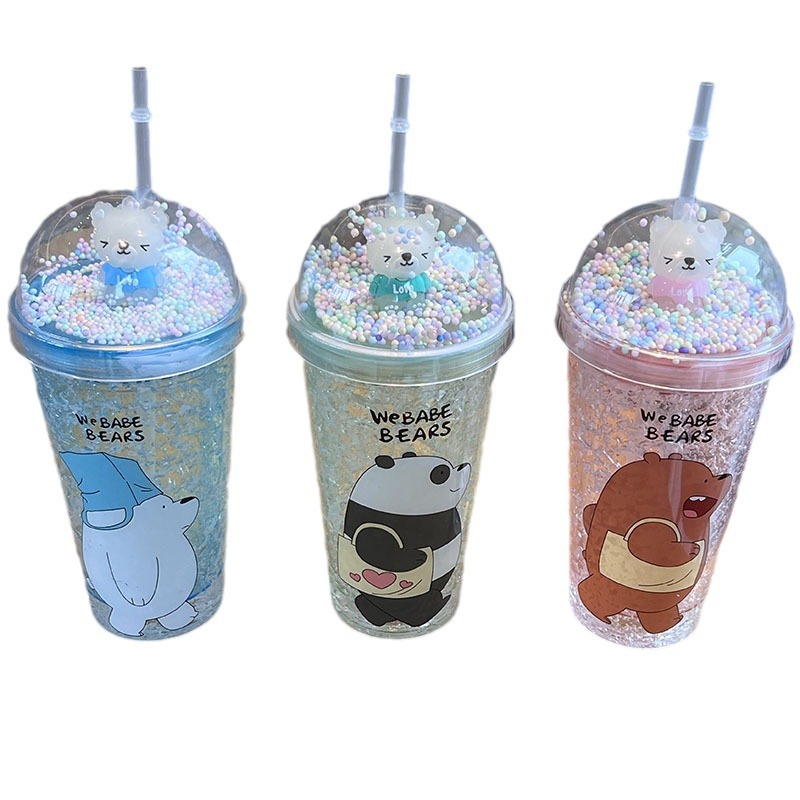 Cross-border new high-appearure-level summer Internet celebrity teddy bear cartoon plastic water cup, straw water cup, double-layer crushed ice cup Item Picture