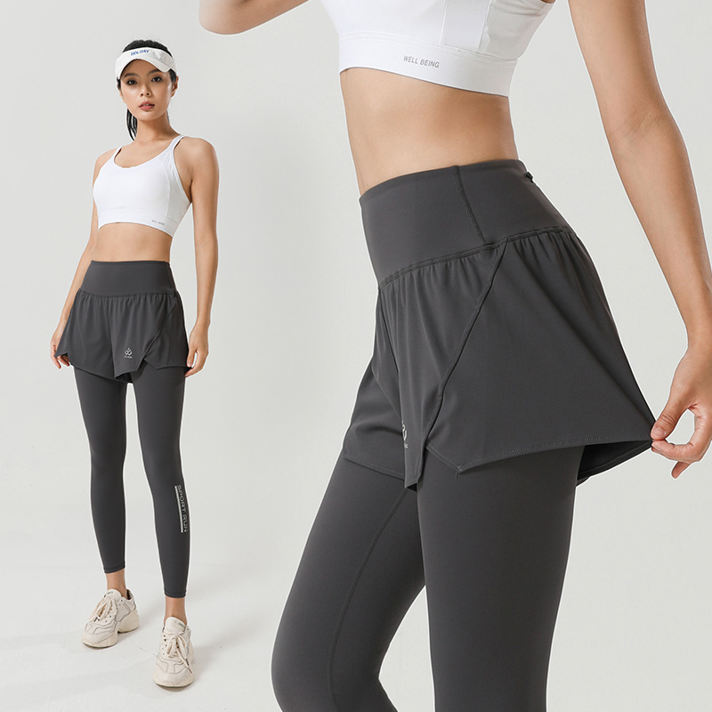 假两件瑜伽裤女高腰跑步健身裤口袋外穿塑形高弹收腹女运动紧身裤