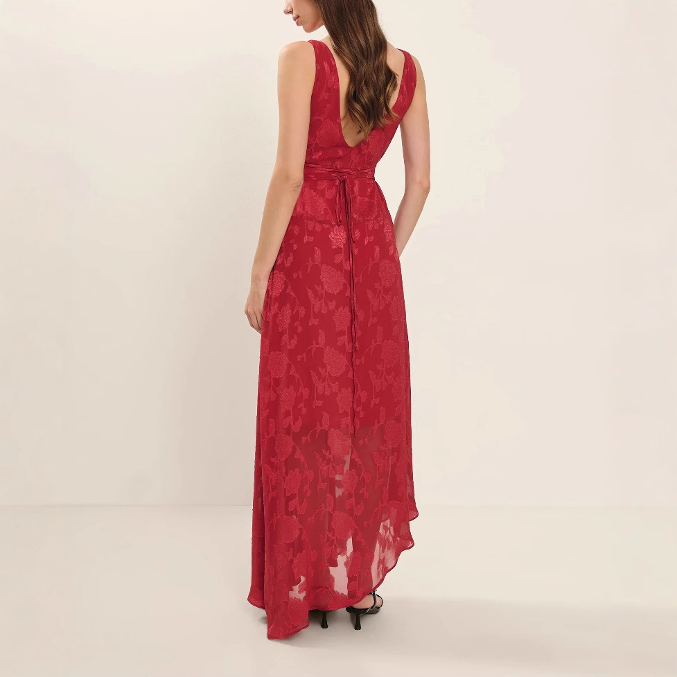 New style of European and American summer lace backless slimming jacquard red irregular dress for women in 2025 foreign trade Specification drawing