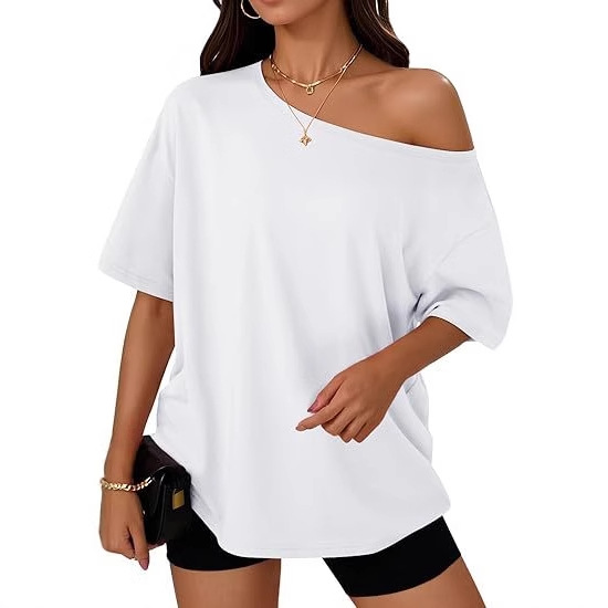 En stock 2026 europa y Estados Unidos crossover nuevo estilo mujer camiseta moda casual cuello inclinado top mujer punto manga corta top details Picture