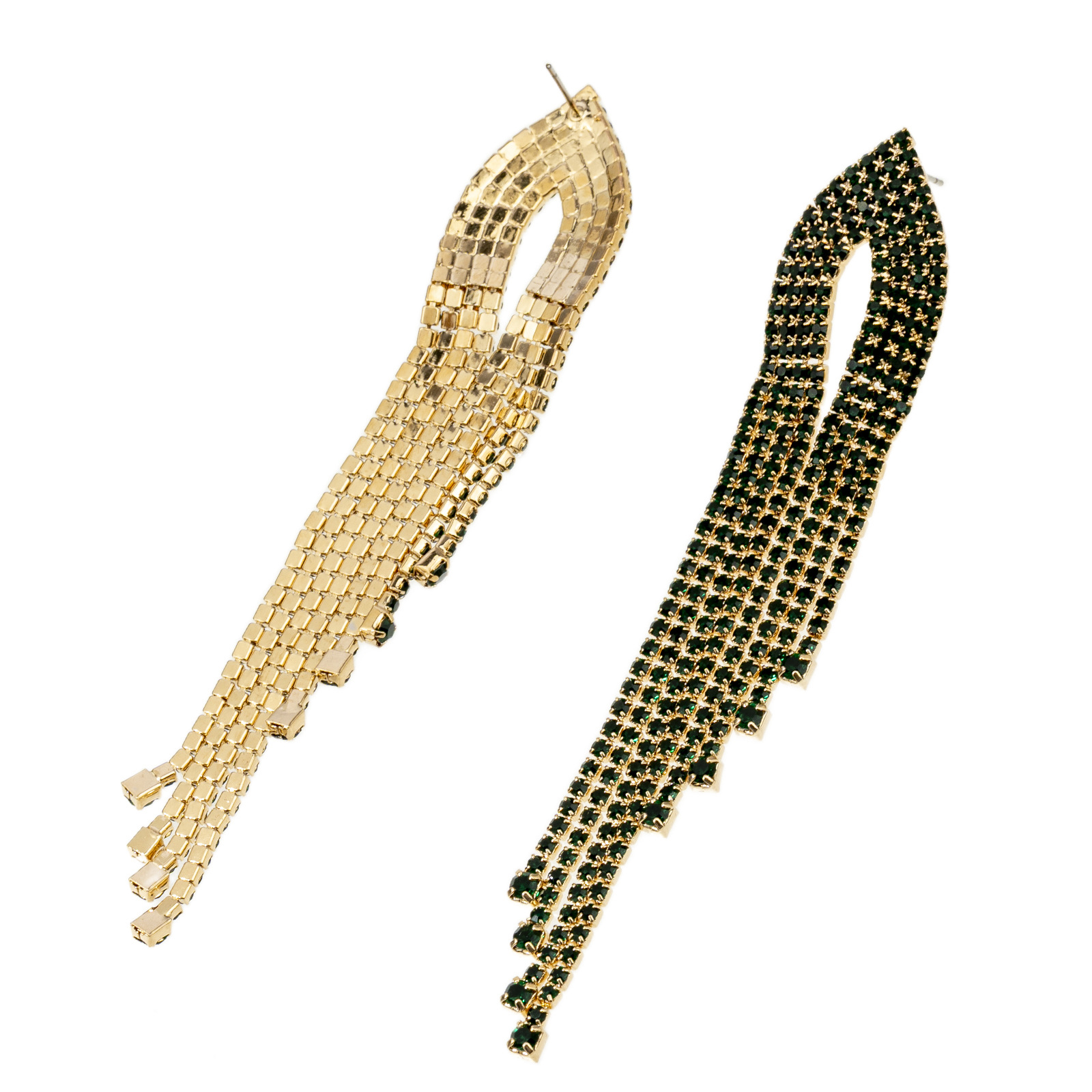 New cross-border green diamond long tassel earrings from Europe and America, exaggerated and luxurious water diamond earrings, women's long earrings, fashionable accessories Specification image