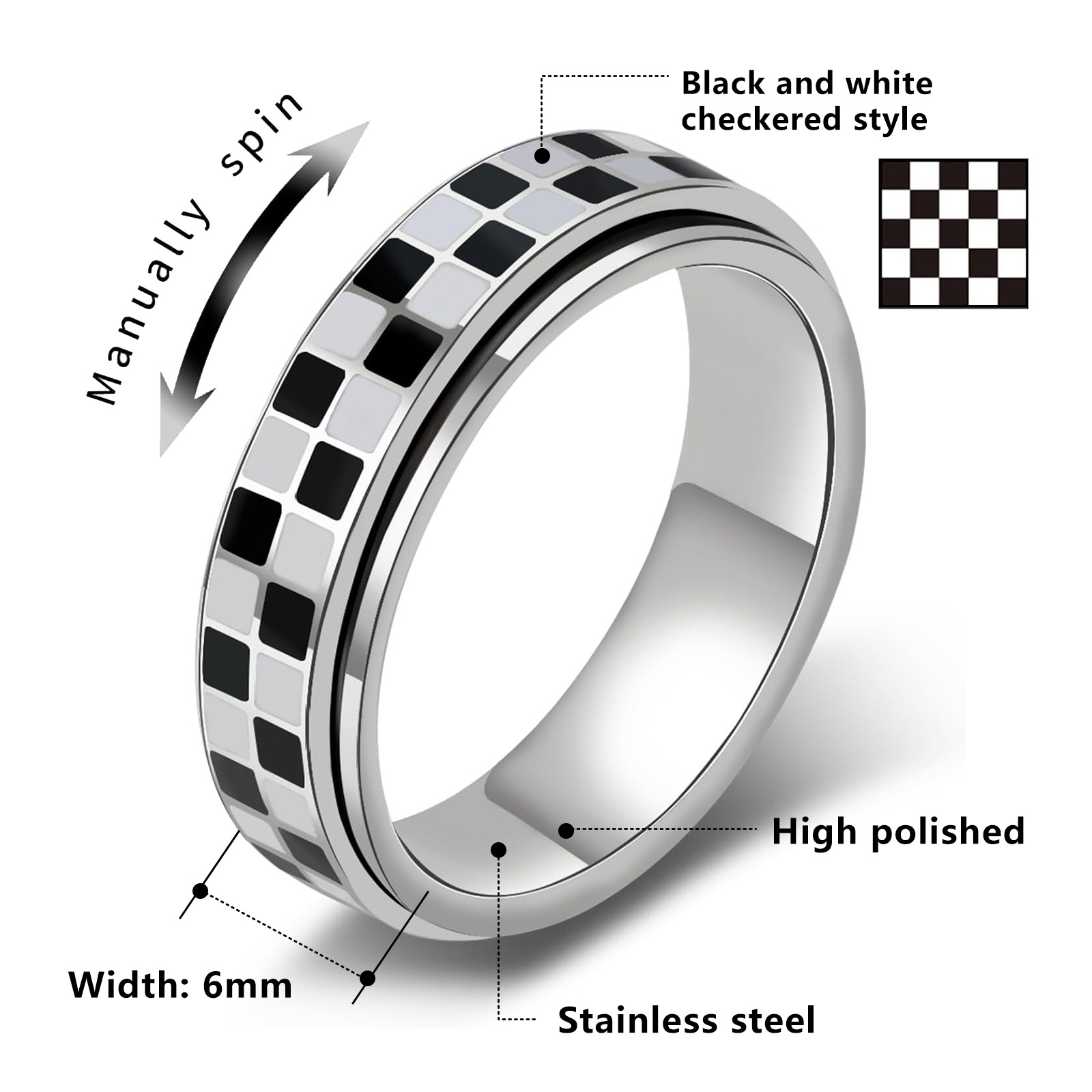Amazon cross-border European and American classic 304 stainless steel black and white checkered ring, rotatable personalized checkerboard ring Item Picture