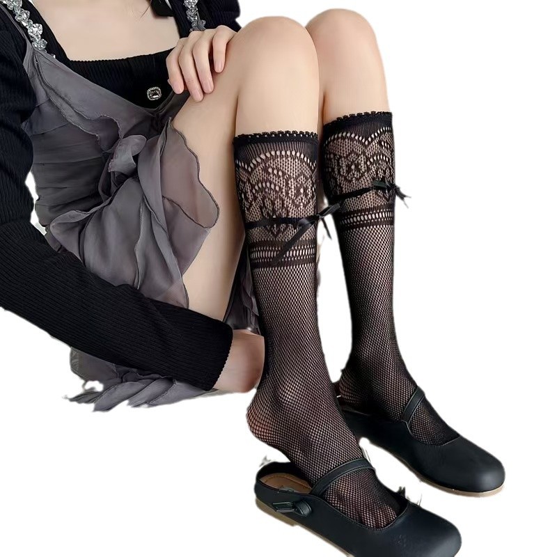 jk Japanese-style retro cut-out mid-calf socks for women spring and summer with bow lace trim and fishing net design Item Picture