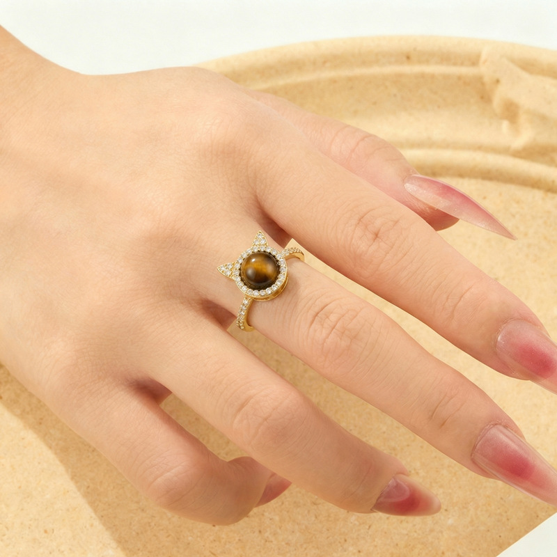 Anillo de apertura de gato giratorio de diseño original aleación de cobre micro zirconitas piedra ojo de tigre de alta sensibilidad delicado anillo details Picture