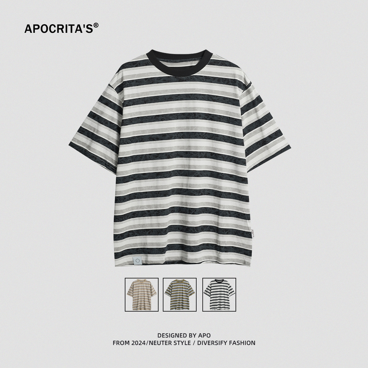 APO Men's Wear: Japanese retro trend color-blocking striped T-shirt for men's summer new round neck loose and versatile short-sleeved men's T-shirt