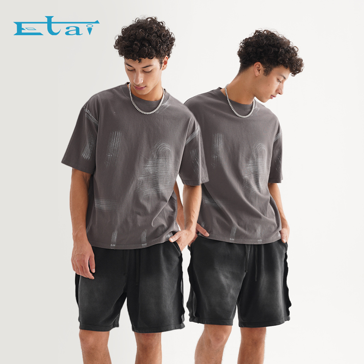 ETAI男装|潮牌水洗复古宽松刷色短袖高品质280g重磅纯棉时尚男T