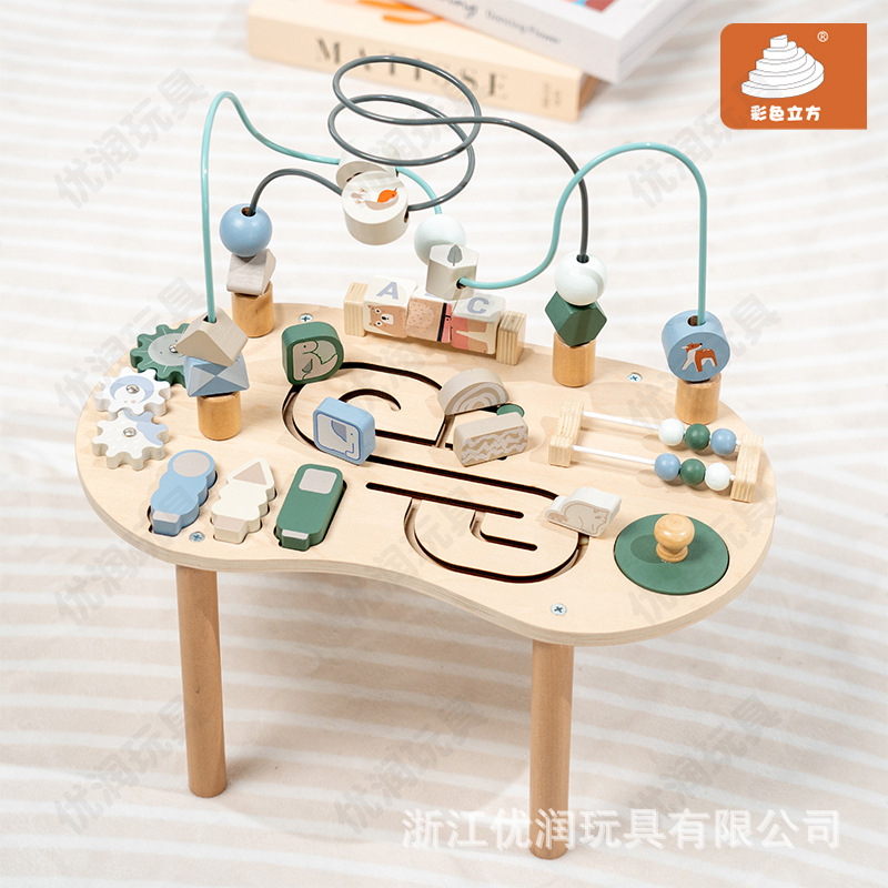 跨境桌面忙碌板忙碌桌木质多功能游戏台1-2岁儿童早教绕珠玩具
