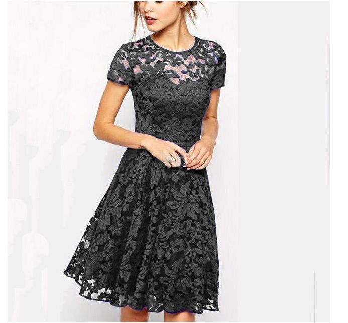 006 A new, stylish and stylish round-neck short-sleeved blue lace-trimmed dress that is selling well in Europe and America is in stock Specification drawing