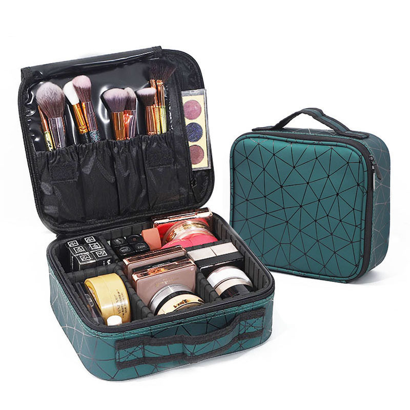 Portable PU leather diamond-shaped partition makeup box, large-capacity waterproof makeup bag, makeup brush and cosmetics storage box