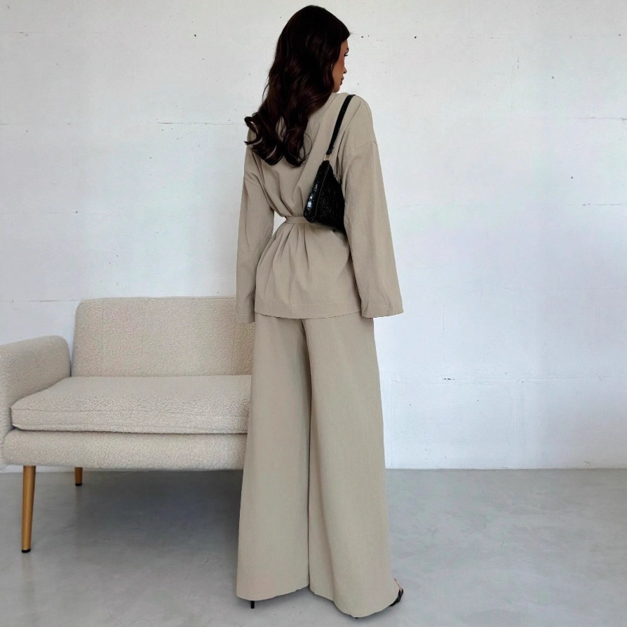 2026 Autumn/Winter collection of European and American Amazon cross-border fashion V-neck women's wear, elegant long-sleeved and wide-leg pants set Specification drawing