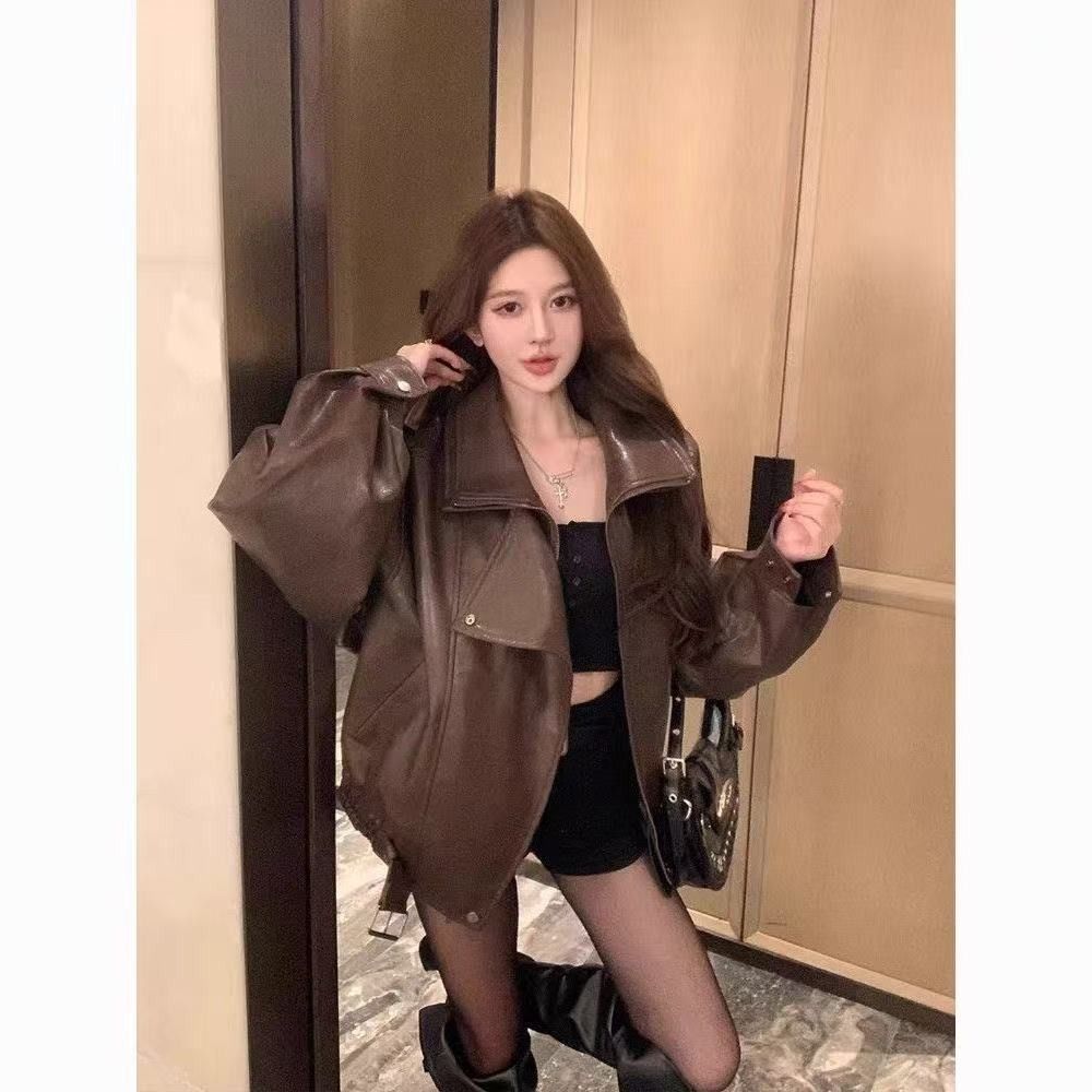 美式复古又酷又飒PU皮夹克外套女秋冬新款辣妹帅气宽松机车服上衣产品图