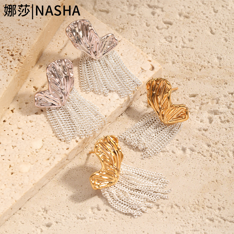 娜莎跨境黄铜复古流苏蝴蝶耳环女金银两色简约耳环S925银针养耳洞