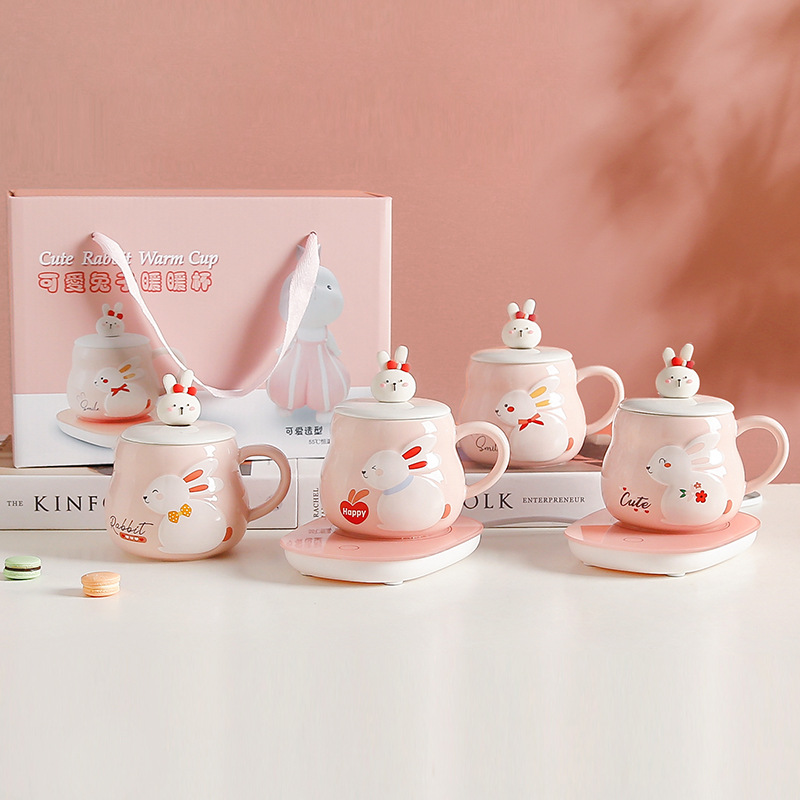 Rabbit Warm Warm Constant Temperature Cup, Heating Coaster, 55-degree Insulated Ceramic Cup, Cute Gift Water Cup, Souvenir Set details Picture