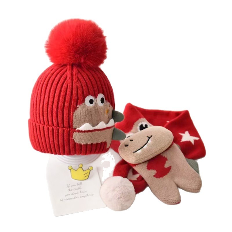 Children's hats, scarves, dinosaur sets, baby autumn and winter, baby boys, woolen knitted ear protectors, winter Korean version Item Picture
