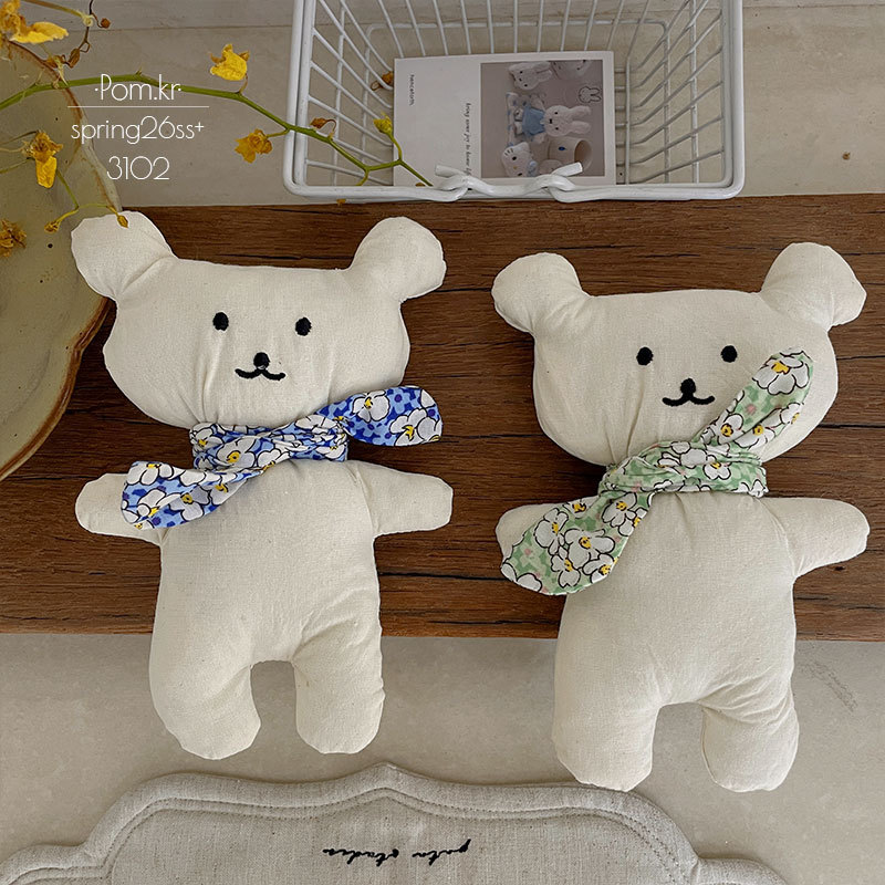 New Korean-style teddy bear floral silk scarf doll, children's fabric handcrafted cotton-stuffed decorative item, cute room decoration toy details Picture