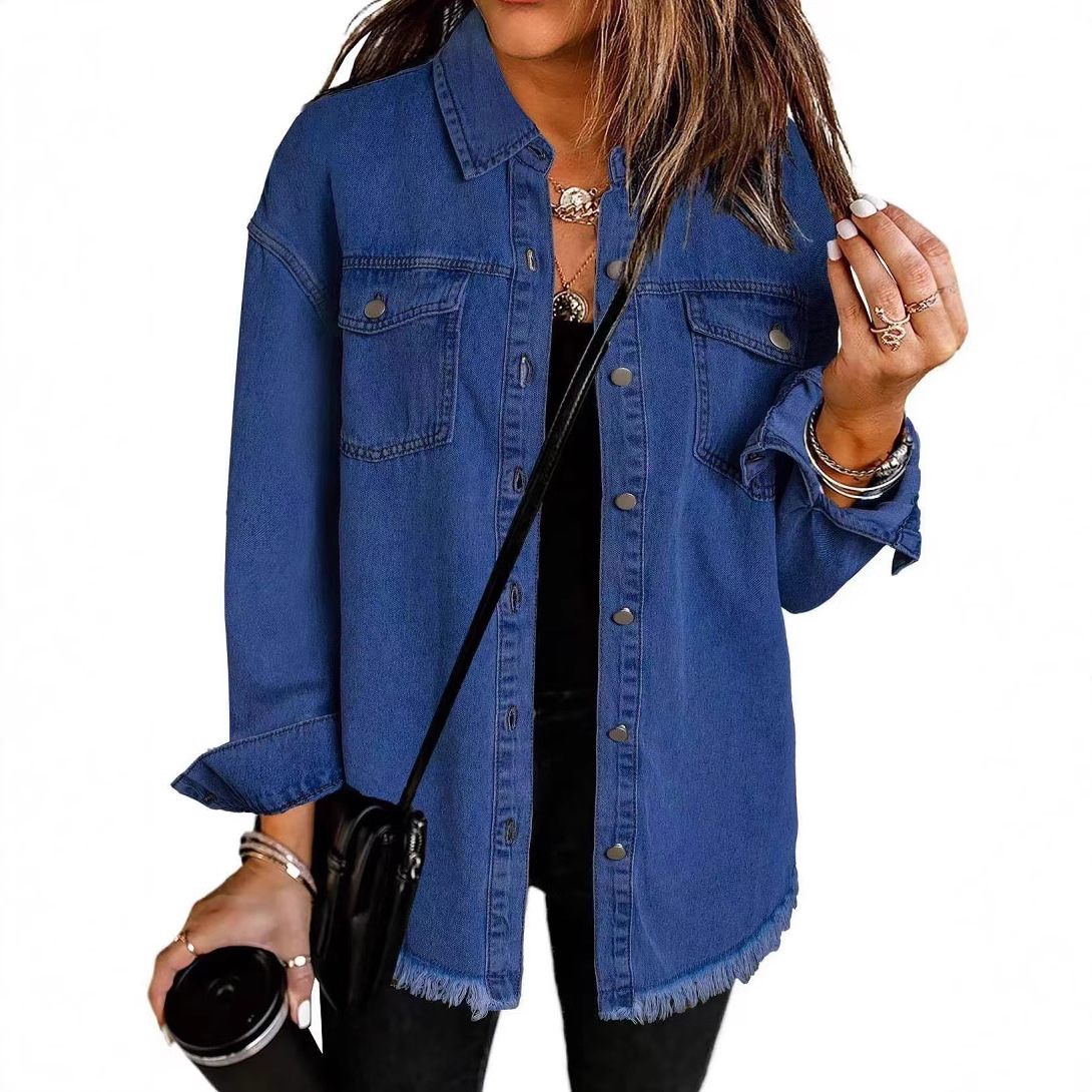 New cross-border washed denim shirt jacket for 2024, a stylish streetwear jacket with a brushed hem for European and American women's autumn and winter Item Picture