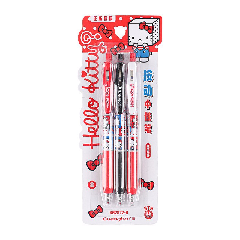 Guangbo Stationery's genuine Sanrio Hello Kitty Press Gel pens, 3 card-equipped black core quick-drying practice pens Item Picture